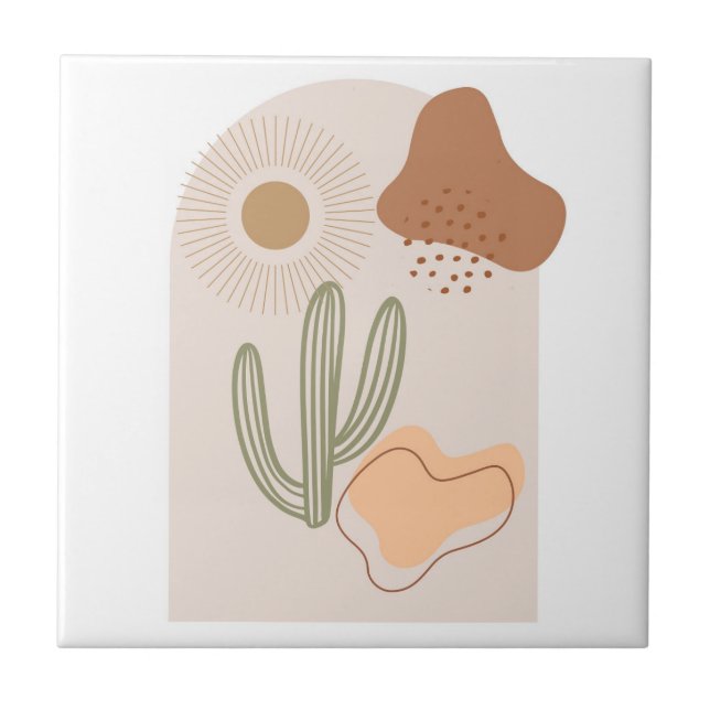 Azulejo De Cerâmica Boho Forma Abstrato Beige Terracotta Sun Cactus (Frente)