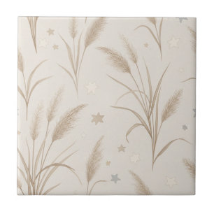 Azulejo De Cerâmica Boho Grama Pampas Bege Marrom Padrão Estrela (2)