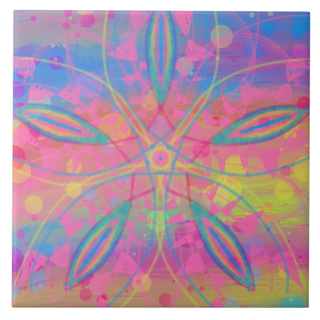 Azulejo De Cerâmica Boho Hippie Tie Dye Neon Pastel Mandala Abstrato (Frente)