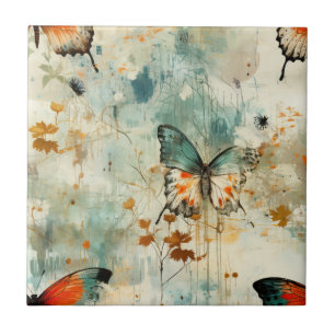 Azulejo De Cerâmica Boho Laranja Azul-Verde Borboleta Flor Silvestre P