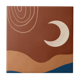 Azulejo De Cerâmica Boho Lua Paisagem Arco-íris Ferrugem Bege Azul Mar