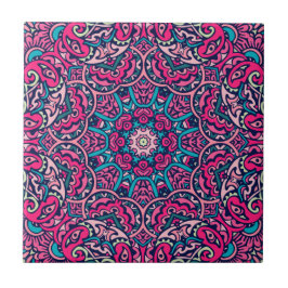Azulejo De Cerâmica Boho Mandala, Rosa, Teal e Vibrante Marinho