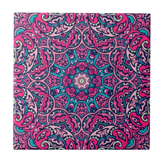 Azulejo De Cerâmica Boho Mandala, Rosa, Teal e Vibrante Marinho (Frente)