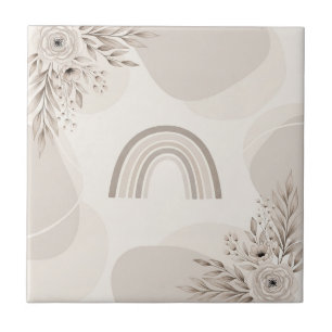 Azulejo De Cerâmica Boho Neutro Arco-íris Floral Bege Taupe