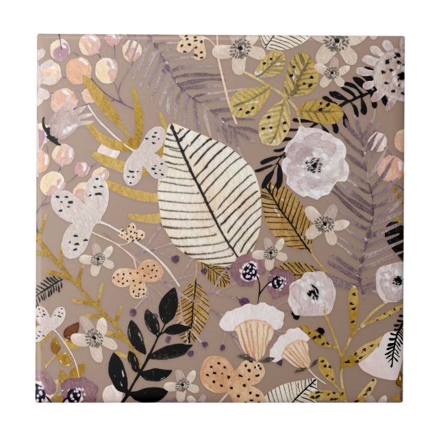 Azulejo De Cerâmica Boho Preto Dourado Pêssego Branco Traçado Folha Fo (Frente)