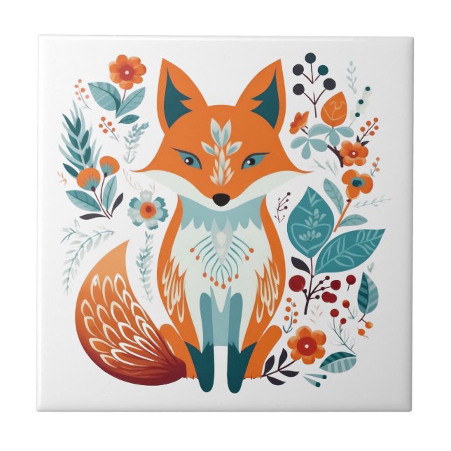 Azulejo De Cerâmica Boho Red Fox Scandinavian Folart (Frente)