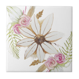 Azulejo De Cerâmica Boho Rosa Verde Branco Marrom Floral Decorativo 