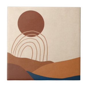 Azulejo De Cerâmica Boho Sol Paisagem Arco-íris Ferrugem Bege Azul Mar