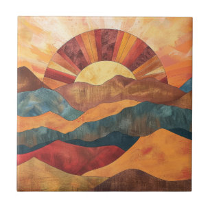Azulejo De Cerâmica Boho Sunset Sobre Montanhas - Paisagem Terrestre R