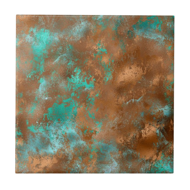 Azulejo De Cerâmica Boho Teal Copper Grunge (Frente)