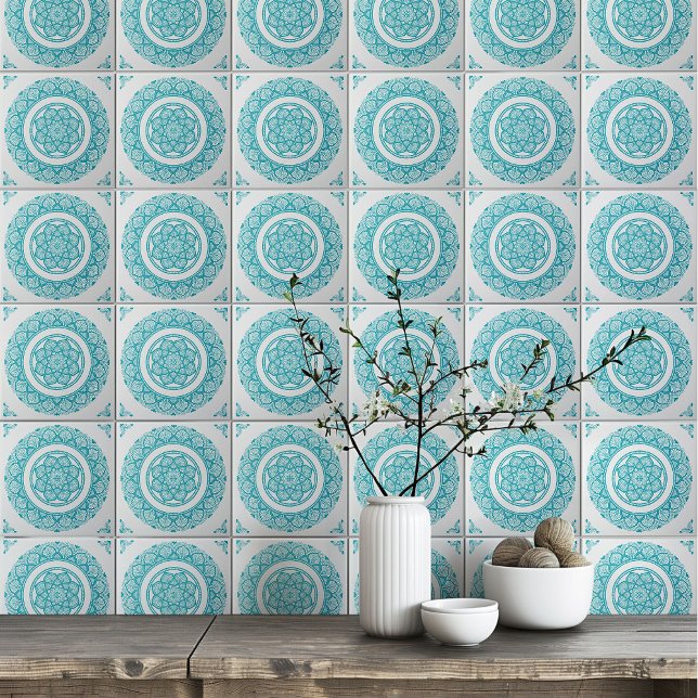 Azulejo De Cerâmica Boho Turquoise azul-lacrimejo flor (Criador carregado)