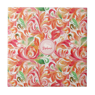 Azulejo De Cerâmica Boho Vermelho Rosa Laranja Verde Paisley Floral