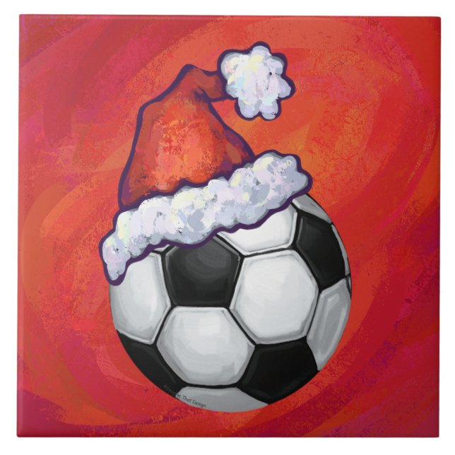 Azulejo De Cerâmica Bola de Futebol do Santa Hat em Vermelho (Frente)