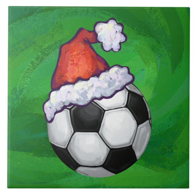 Azulejo De Cerâmica Bola de Futebol Santa Hat em Verde (Frente)