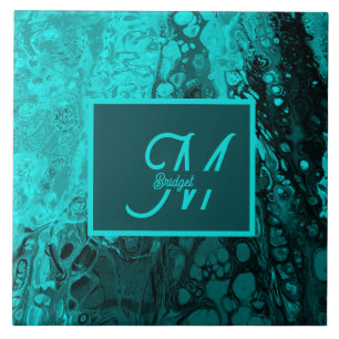 Azulejo De Cerâmica Bold Aqua Teal Marble Monograma