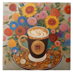 Azulejo De Cerâmica Bold Boho Floral Monograma Café