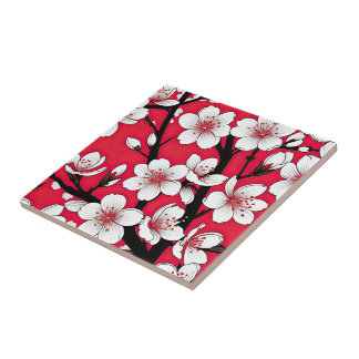 Azulejo De Cerâmica Bold Cherry Blossom Illustration on Red