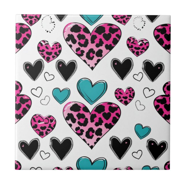 Azulejo De Cerâmica Bold Leopard Heart Love – Pink, Black & Teal (2) (Frente)