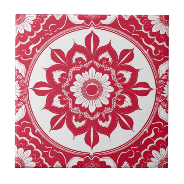 Azulejo De Cerâmica Bold Red Floral Mandala Tile (Frente)