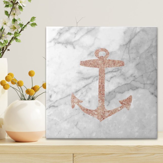 Azulejo De Cerâmica bolinha branca de rosa ouro de praia cinzenta (girly chic beach rose gold anchor white marble ceramic tile)
