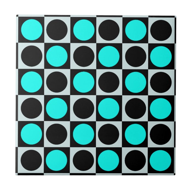 Azulejo De Cerâmica Bolinhas Geométricas Azuis em Círculo Preto (Frente)
