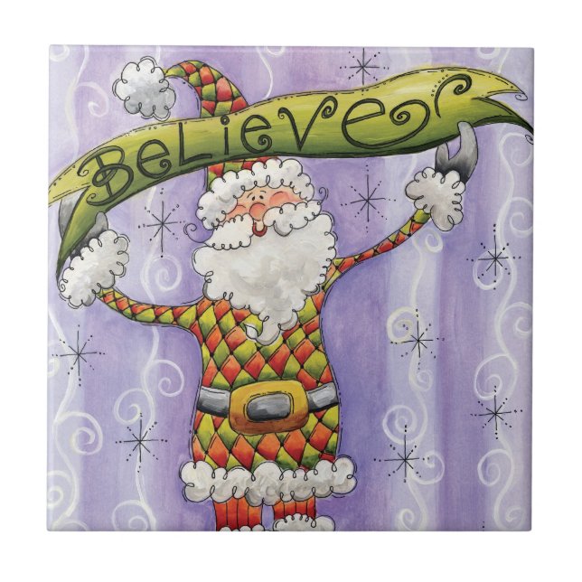 Azulejo De Cerâmica Bom Natal de Cartoon, acredito em Papai Noel (Frente)