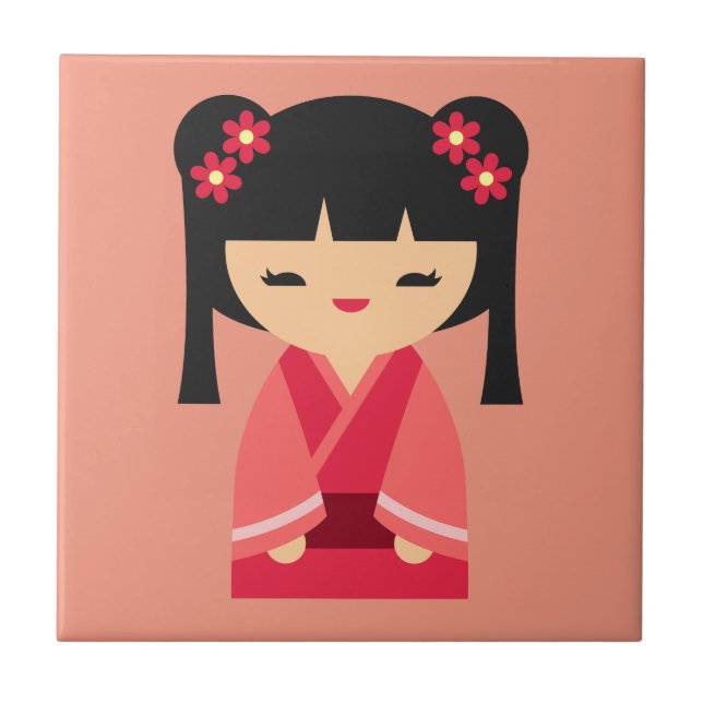 Azulejo De Cerâmica Bonecas japonesas cor-de-rosa Kokeshi (Frente)