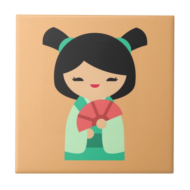 Azulejo De Cerâmica Bonecas japonesas cor-de-rosa Kokeshi (Frente)