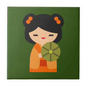 Azulejo De Cerâmica Bonecas japonesas laranja-brancas Kokeshi