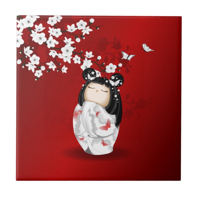 Azulejo De Cerâmica Bonecas Kokeshi Red Black White Cherry Blossoms (Frente)