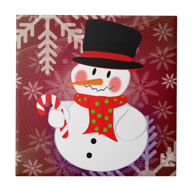 Azulejo De Cerâmica Boneco de neve & Candycane (Frente)