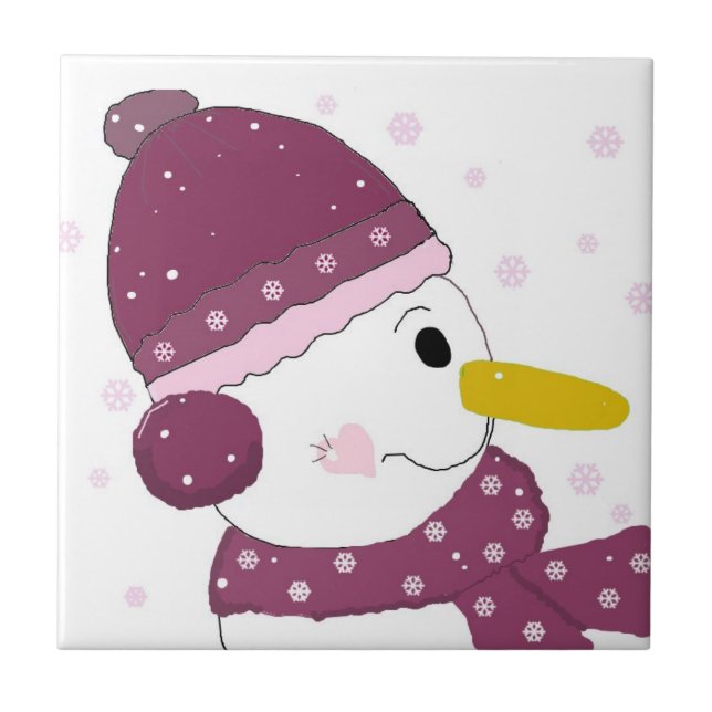 Azulejo De Cerâmica Boneco de Neve com Cachecol e Chapéu Roxo (Frente)