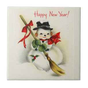 Azulejo De Cerâmica Boneco de neve do feliz ano novo do vintage