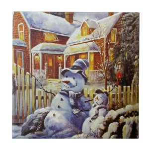 Azulejo De Cerâmica Boneco de neve do pai & do filho