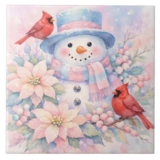 Azulejo De Cerâmica Boneco de Neve em Aquarela Pastel, Poinsettia e Ca