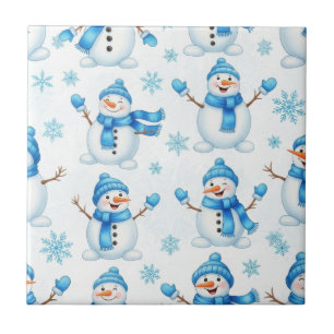 Azulejo De Cerâmica Bonecos de Neve Alegres e Flocos de Neve Azuis – I
