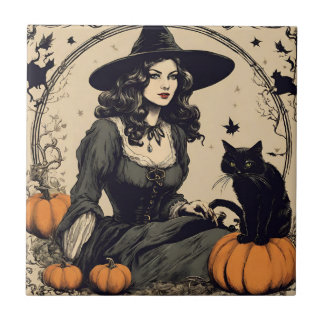 Azulejo De Cerâmica Bonita Bruxa de Halloween Vintage com Gato Negro