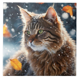 Azulejo De Cerâmica Bonita Cinza de Cat Fall Deixa Retrato