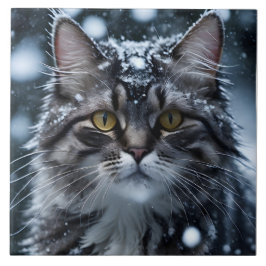 Azulejo De Cerâmica Bonita Cinza de gato na neve