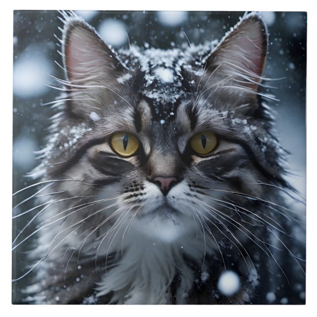 Azulejo De Cerâmica Bonita Cinza de gato na neve (Frente)