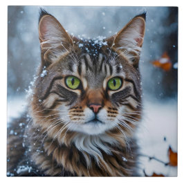Azulejo De Cerâmica Bonita Cinza de gato na neve