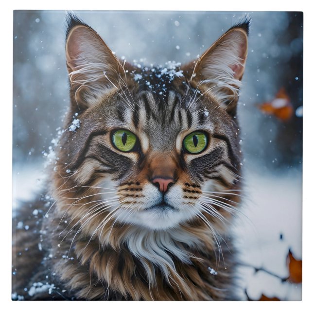 Azulejo De Cerâmica Bonita Cinza de gato na neve (Frente)