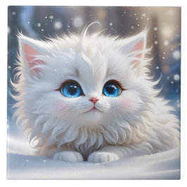Azulejo De Cerâmica Bonita Gato Branco Fluffy com Olhos Azuis