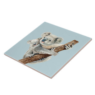 Azulejo De Cerâmica Bonita Mãe e Bebê, aquarela Koala, em azul de aço
