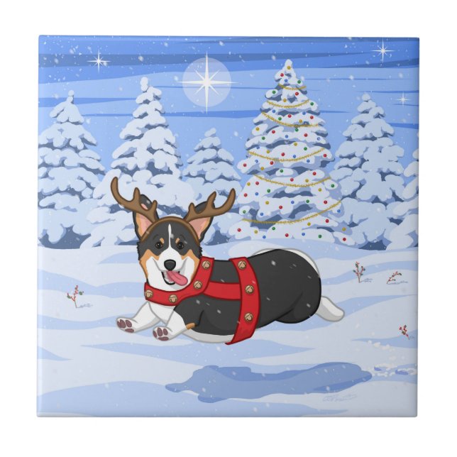 Azulejo De Cerâmica Bonita Negra Corgi, Reindeja de Natal (Frente)