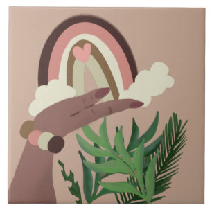 Azulejo De Cerâmica Bonito Arco-Íris Verde Natural Mãos Femininas