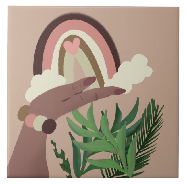 Azulejo De Cerâmica Bonito Arco-Íris Verde Natural Mãos Femininas (Frente)