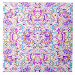 Azulejo De Cerâmica Bonito desenho paisley colorido branco