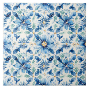 Azulejo De Cerâmica Bonito Floral Azul e Amarelo Mediterrâneo