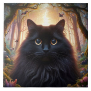 Azulejo De Cerâmica Bonito gato preto fluffy com olhos Dourados